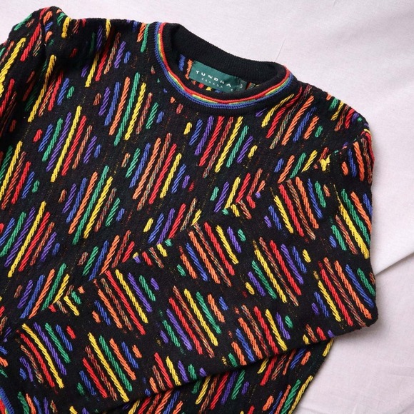 Tundra Other - Vintage Tundra Coogi-Style 3D Knit Sweater Colorful Canada Black Geometric